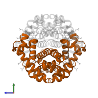 Hemoglobin subunit beta in PDB entry 4mqc, assembly 1, side view.