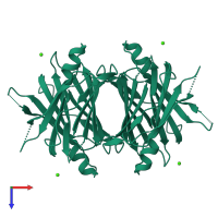 Homo tetrameric assembly 1 of PDB entry 4mrb coloured by chemically distinct molecules, top view.