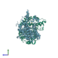 PDB entry 4msc coloured by chain, side view.