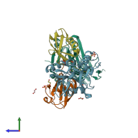 PDB entry 4msm coloured by chain, side view.