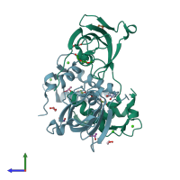 PDB entry 4msp coloured by chain, side view.
