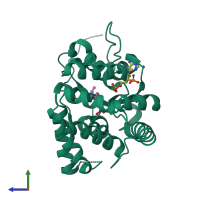 PDB entry 4mub coloured by chain, side view.