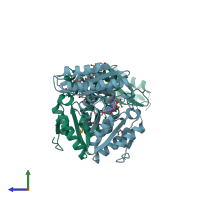 PDB entry 4mun coloured by chain, side view.