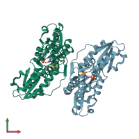 PDB entry 4mux coloured by chain, front view.