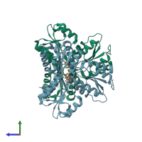 PDB entry 4mux coloured by chain, side view.