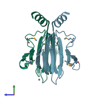 PDB entry 4mv2 coloured by chain, side view.