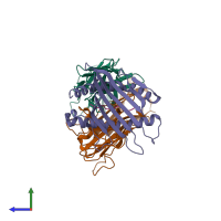 PDB entry 4mvb coloured by chain, side view.