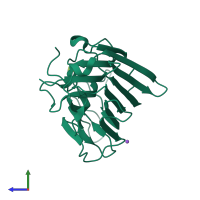 PDB entry 4mye coloured by chain, side view.