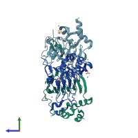 PDB entry 4myo coloured by chain, side view.