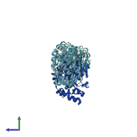 PDB entry 4mys coloured by chain, side view.