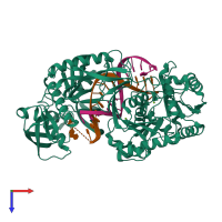Hetero trimeric assembly 2 of PDB entry 4n41 coloured by chemically distinct molecules, top view.