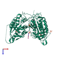 Homo dimeric assembly 1 of PDB entry 4n7j coloured by chemically distinct molecules, top view.