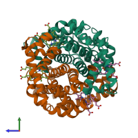 Hetero tetrameric assembly 1 of PDB entry 4n7p coloured by chemically distinct molecules, side view.