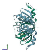 PDB entry 4nb1 coloured by chain, side view.