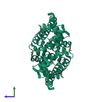 Homo dimeric assembly 1 of PDB entry 4nel coloured by chemically distinct molecules, side view.