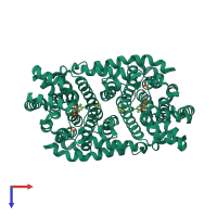 Homo dimeric assembly 1 of PDB entry 4nfk coloured by chemically distinct molecules, top view.