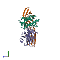 PDB entry 4nn6 coloured by chain, side view.