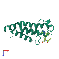 Monomeric assembly 1 of PDB entry 4nqn coloured by chemically distinct molecules, top view.