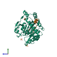 PDB entry 4nr1 coloured by chain, side view.