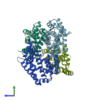 PDB entry 4nt1 coloured by chain, side view.