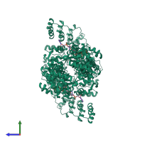 Homo dimeric assembly 1 of PDB entry 4o1p coloured by chemically distinct molecules, side view.