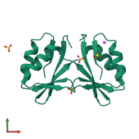 Homo dimeric assembly 6 of PDB entry 4o66 coloured by chemically distinct molecules, front view.