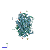 PDB entry 4oap coloured by chain, side view.