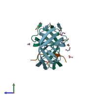 PDB entry 4obj coloured by chain, side view.