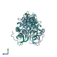 PDB entry 4obp coloured by chain, side view.