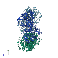PDB entry 4ogg coloured by chain, side view.