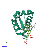 Monomeric assembly 1 of PDB entry 4ogn coloured by chemically distinct molecules, side view.