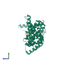 Monomeric assembly 1 of PDB entry 4ogp coloured by chemically distinct molecules, side view.