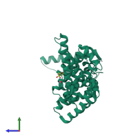 Monomeric assembly 2 of PDB entry 4ogp coloured by chemically distinct molecules, side view.