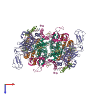 Hetero 16-meric assembly 1 of PDB entry 4ogq coloured by chemically distinct molecules, top view.