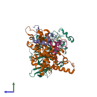 Hetero tetrameric assembly 2 of PDB entry 4ogr coloured by chemically distinct molecules, side view.