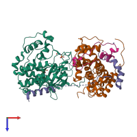 Hetero tetrameric assembly 3 of PDB entry 4ogr coloured by chemically distinct molecules, top view.