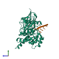 PDB entry 4ohz coloured by chain, side view.