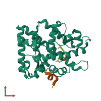 Hetero dimeric assembly 1 of PDB entry 4olm coloured by chemically distinct molecules, front view.