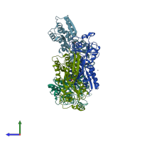 PDB entry 4omb coloured by chain, side view.