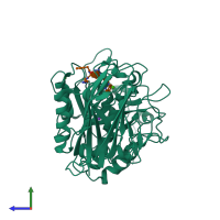 Hetero dimeric assembly 6 of PDB entry 4omd coloured by chemically distinct molecules, side view.