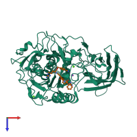 Hetero dimeric assembly 6 of PDB entry 4omd coloured by chemically distinct molecules, top view.