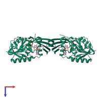 Homo dimeric assembly 1 of PDB entry 4oqd coloured by chemically distinct molecules, top view.