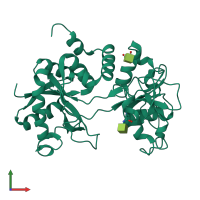 Monomeric assembly 1 of PDB entry 4oqo coloured by chemically distinct molecules, front view.