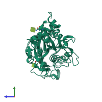 Monomeric assembly 1 of PDB entry 4oqo coloured by chemically distinct molecules, side view.