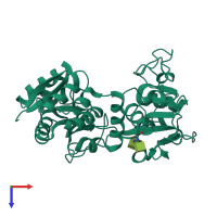 Monomeric assembly 1 of PDB entry 4oqo coloured by chemically distinct molecules, top view.