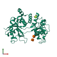 Monomeric assembly 2 of PDB entry 4oqo coloured by chemically distinct molecules, front view.