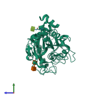 Monomeric assembly 2 of PDB entry 4oqo coloured by chemically distinct molecules, side view.