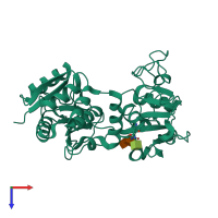 Monomeric assembly 2 of PDB entry 4oqo coloured by chemically distinct molecules, top view.