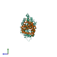 PDB entry 4orb coloured by chain, side view.