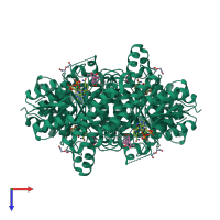 Homo tetrameric assembly 1 of PDB entry 4oso coloured by chemically distinct molecules, top view.